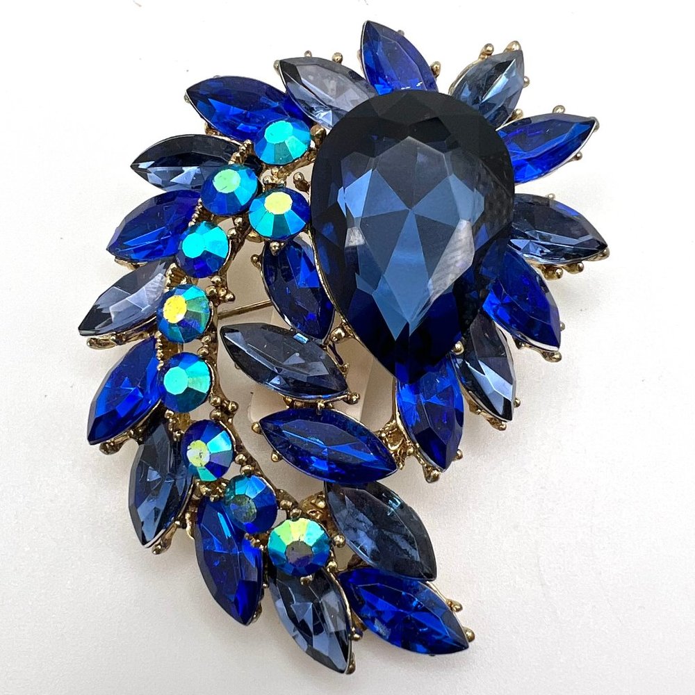 Cara NY Plume Brooch in Blue Rhinestones
